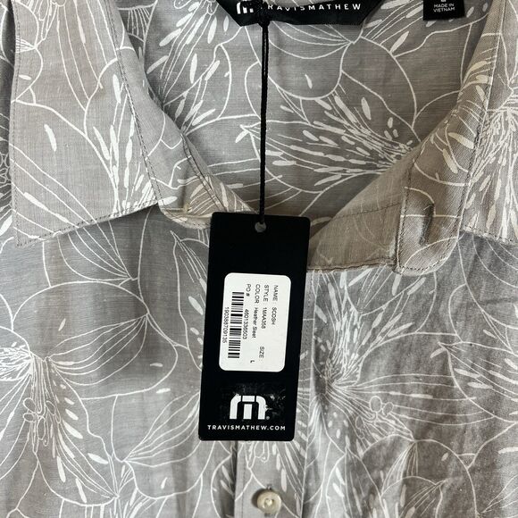 TravisMathew SCOOSH Button Up Shirt Mens L Floral Cotton Tropical Gray Botanical - Picture 4 of 7